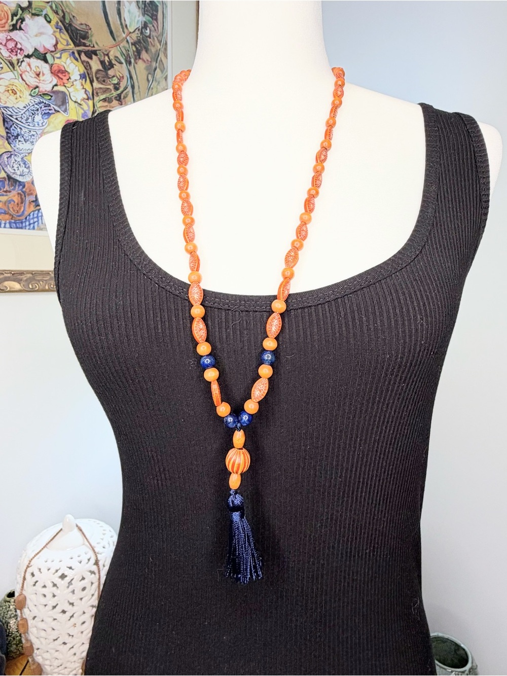 Boho Orange Wood Bead Tassel Necklace Blue Accent Statement Jewelry